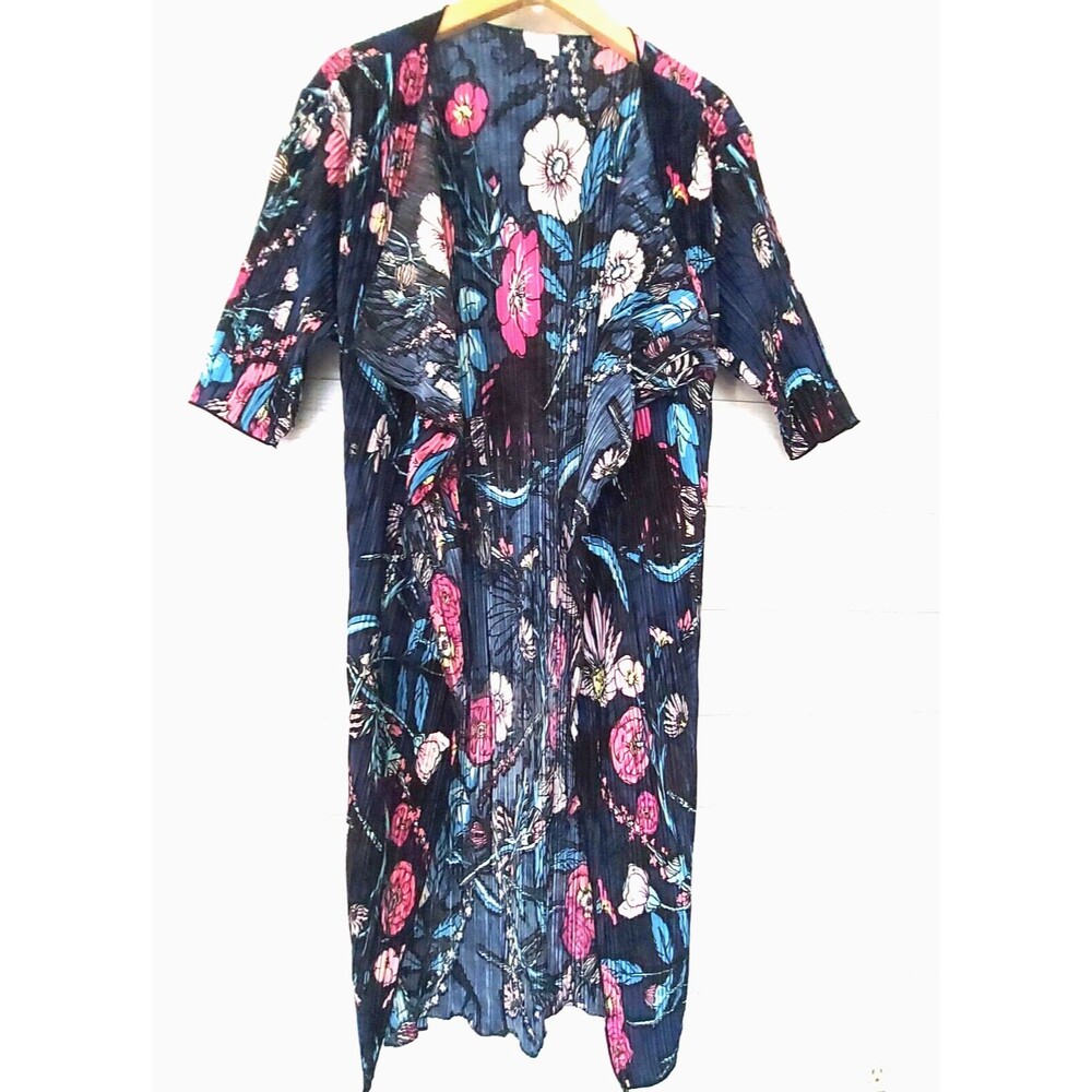 LuLaRoe Open Front Duster Robe Satin Crinkle Small Blue Floral